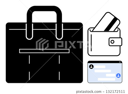 Business briefcase, wallet with credit card, and chat message window. Ideal for finance, business communication, transactions, professional settings, digital interactions, e-commerce online banking 132172511