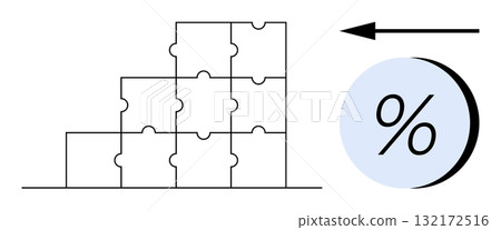 Stacked puzzle pieces forming steps next to large percentage symbol with arrow pointing left. Ideal for business strategy, financial planning, growth, step-by-step processes, teamwork Stacked puzzle pieces forming steps next to large percentage symbol with arrow pointing left. Ideal for business strategy, financial planning, growth, step-by-step processes, teamwork 132172516