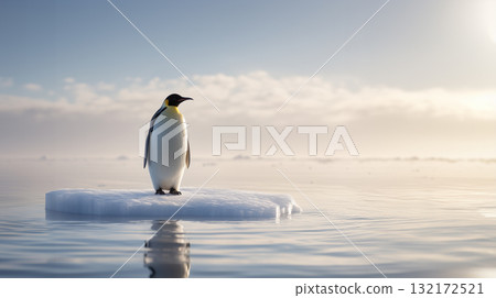 帝王企鵝凝視著融化的冰面上的浩瀚海洋 帝王企鵝凝視著融化的冰面上的浩瀚海洋 132172521