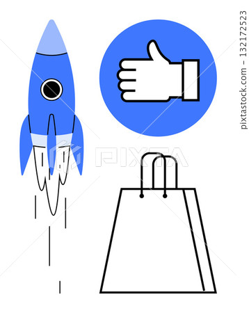 Blue rocket launching, thumbs-up hand icon in blue circle, and shopping bags. Ideal for e-commerce, online marketing, startup launch, customer satisfaction, retail marketing, entrepreneurship 132172523