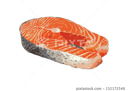 Fresh raw salmon steak slice with skin, realistic hand-drawn style, isolated on white background, concept of seafood and healthy eating 132172548
