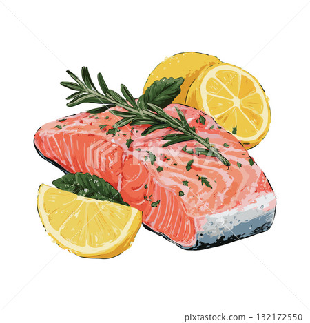Salmon fillet garnished with herbs and lemon slices, hand-drawn style, isolated on white background, concept of healthy seafood cuisine 132172550