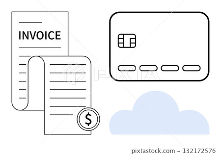 Payment card next to an invoice and receipt with dollar symbol. Cloud element below them. Ideal for online payment, e-commerce, billing, SaaS, accounting, finance budgeting. Line metaphor Payment card next to an invoice and receipt with dollar symbol. Cloud element below them. Ideal for online payment, e-commerce, billing, SaaS, accounting, finance budgeting. Line metaphor 132172576