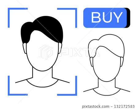 Male avatar outline within blue facial recognition brackets alongside a Buy button. Ideal for technology, e-commerce, biometrics, online shopping, security systems, identity verification, digital 132172583