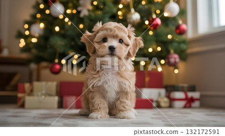 Adorable maltipoo puppy sitting near beautifully decorated christmas tree with glowing lights and ornaments, festive holiday concept 132172591