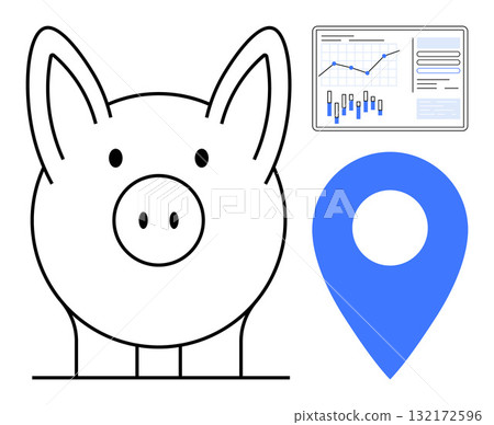Elements include a piggy bank for savings, a data chart for financial analytics, and a location pin. Ideal for finance, budgeting, savings, data analysis, accounting, investment, and strategic 132172596
