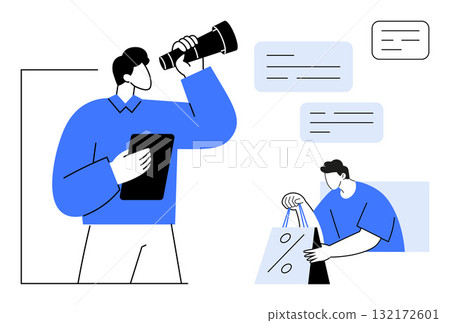 Business professional gazing through telescope, holding tablet, discussing with colleague who holds shopping bags. Ideal for business strategy, communication, teamwork, retail, market research 132172601