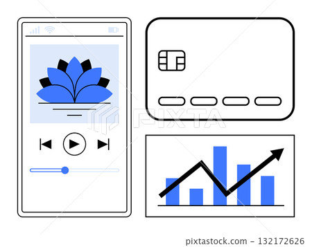 Mobile music player interface, credit card, and upward bar graph. Ideal for finance, technology, mobile apps, online banking, digital payments data analytics and business growth. Line metaphor Mobile music player interface, credit card, and upward bar graph. Ideal for finance, technology, mobile apps, online banking, digital payments data analytics and business growth. Line metaphor 132172626