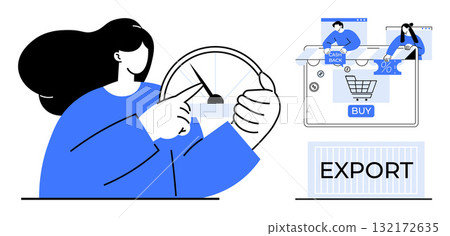 Woman adjusting export parameters on gauge meter, online shopping cart with Buy button, discount tags, analytics icons. Ideal for e-commerce, digital marketing, data analytics, export business Woman adjusting export parameters on gauge meter, online shopping cart with Buy button, discount tags, analytics icons. Ideal for e-commerce, digital marketing, data analytics, export business 132172635