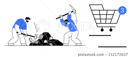 Two workers using hammers to break stones into smaller pieces and a shopping cart with three items. Ideal for themes of labor, teamwork, hard work, construction, mining, e-commerce, digital shopping 132172637