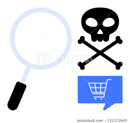 Magnifying glass examining skull and crossbones above a shopping cart in a speech bubble. Ideal for online security, e-commerce safety, fraud detection, cyber threats, consumer protection, risk 132172643