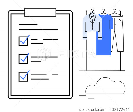 Task checklist with three check marks next to wardrobe with hanging suit, shirt, pants under a cloud. Ideal for productivity, task management, organization, wardrobe planning, minimalism, goal Task checklist with three check marks next to wardrobe with hanging suit, shirt, pants under a cloud. Ideal for productivity, task management, organization, wardrobe planning, minimalism, goal 132172645