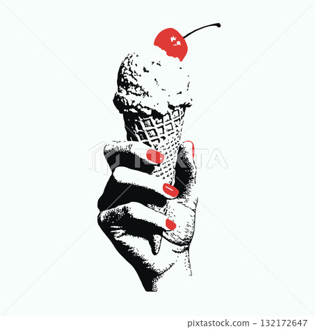 Stylized hand gripping ice cream cone topped with cherry, bold monochrome style, red nails, on light background, concept of summer treat 132172647