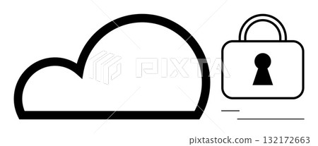 Cloud shape with adjacent padlock featuring keyhole. Ideal for cloud storage, cybersecurity, data privacy, secure access, online safety, digital protection, network security. Line metaphor Cloud shape with adjacent padlock featuring keyhole. Ideal for cloud storage, cybersecurity, data privacy, secure access, online safety, digital protection, network security. Line metaphor 132172663