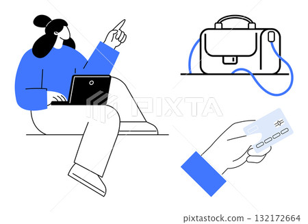 Woman working on laptop while pointing, business bag nearby, and holding a credit card. Ideal for business, e-commerce, online payments, financial services, technology, remote work, work-life Woman working on laptop while pointing, business bag nearby, and holding a credit card. Ideal for business, e-commerce, online payments, financial services, technology, remote work, work-life 132172664