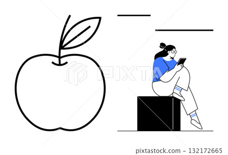 Woman with glasses reading a tablet while sitting on a block beside a large outlined apple. Ideal for healthy lifestyle, education, technology, relaxation, balance, study, self-improvement. Line Woman with glasses reading a tablet while sitting on a block beside a large outlined apple. Ideal for healthy lifestyle, education, technology, relaxation, balance, study, self-improvement. Line 132172665