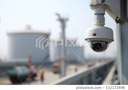 A CCTV camera is mounted high on a building in an industrial plant or factory. A CCTV camera is mounted high on a building in an industrial plant or factory. 132172696