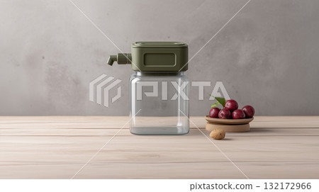 Minimal glass dispenser bottle on wooden table with small bowl of fruit and copy space 132172966