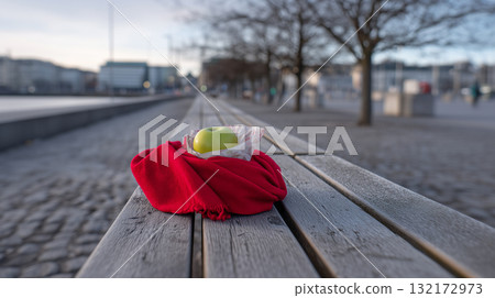 Green apple on red scarf resting on a wooden bench in a winter city park 132172973