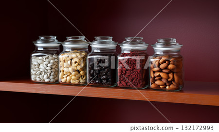 Glass jars filled with nuts and dried fruits neatly arranged on a kitchen shelf 132172993
