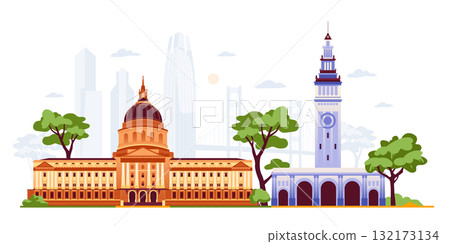 San Francisco Symbols - Colorful Flat Design Illustration 132173134