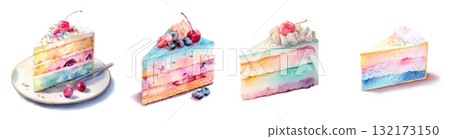 Watercolor illustration of a colorful cake slice with cream, cherry 132173150