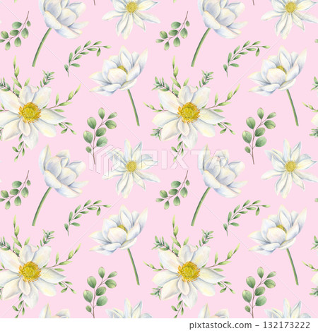 White flowers and eucalyptus branches seamless watercolor pattern on pink background. Blooming lotus and green leaves ornament illustration for packaging, textile design, wedding decor. White flowers and eucalyptus branches seamless watercolor pattern on pink background. Blooming lotus and green leaves ornament illustration for packaging, textile design, wedding decor. 132173222