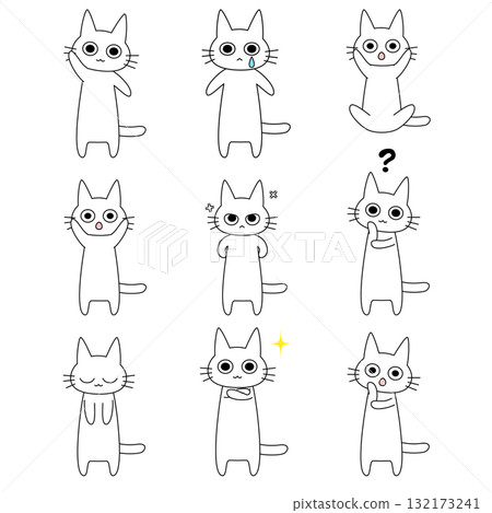 表達情緒的白貓角色的姿勢集 | 貓，面部表情，情感，可愛，角色 132173241
