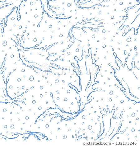 Vector blue water splash silhouettes with drops seamless pattern. Dynamic flowing water curves with bubbles line ink isolated illustration for packaging, textile, beauty design Vector blue water splash silhouettes with drops seamless pattern. Dynamic flowing water curves with bubbles line ink isolated illustration for packaging, textile, beauty design 132173246