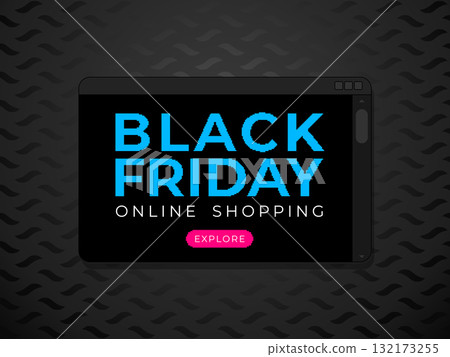 Black Friday online shopping bright web page advertising banner. Blue text on black browser screen frame. Dark geometric pattern background. Pink button. Vector illustration 132173255