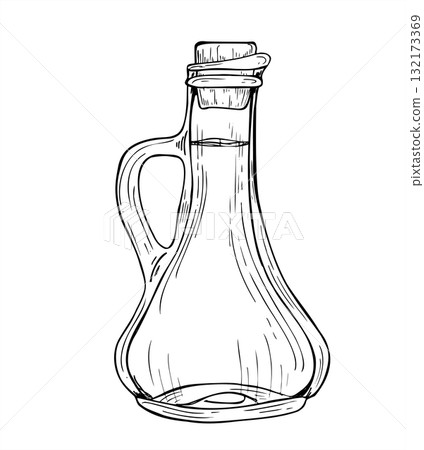 Monochrome oil glass bottle with cork stopper line art black ink sketch. Hand drawn kitchen utensil isolated illustration. Glassware with decorative cork for culinary, packaging, design, poster 132173369