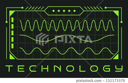 Grid element. Waveform at display. Retro radar screen. Amplitude or vibration amplitude amplitude. Equalizer signal. Curve or zigzag frequency flat lines. Mesh green digital frame. Vector panel card 132173370