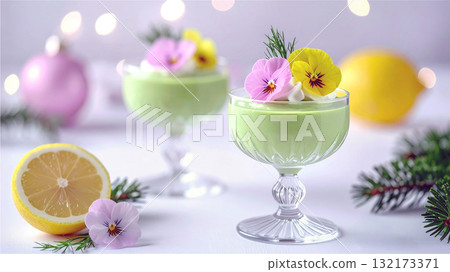 Christmas Celebration Appetizer: Avocado Mousse Decorated with Edible Flowers 132173371