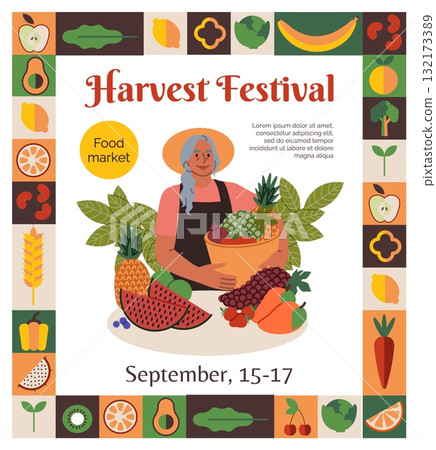 Harvest festival. Social media post design. Happy girl tropical natural plants. Local farm food market, gardener growing organic fruit and vegetables. Vector cartoon flat style isolated illustration 132173389