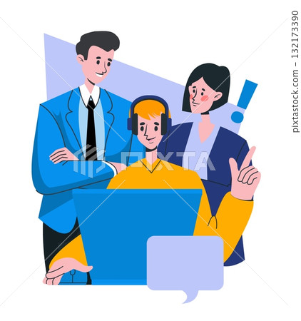 Business team. Boy studying at computer. Happy family communication. Parents and children team. Kid education. Mother and father standing together with son. Young businessman startup. Vector concept 132173390