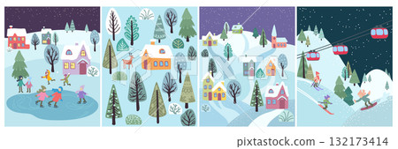 Christmas winter card. Xmas landscape, snow tree, deer. Night holiday. Cold season postcard. New year poster design. Cartoon cure home. Ski resort, people skating. Vector flyer isolated illustration 132173414