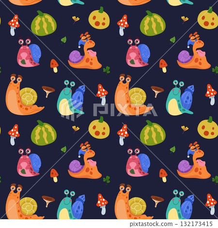 Autumn pattern. Mushrooms, snails, cute nature. Childrens forest print. Animal, floral, escargot of Spring. Decor textile, wrapping paper, wallpaper. Vector seasonal seamless tidy cartoon illustration Autumn pattern. Mushrooms, snails, cute nature. Childrens forest print. Animal, floral, escargot of Spring. Decor textile, wrapping paper, wallpaper. Vector seasonal seamless tidy cartoon illustration 132173415