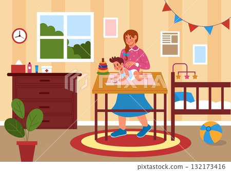 Baby manual therapy. Massage infant. Healthy body care for newborns. Osteopathy treatment. Back correction. Mom looks after childhood. Mother changing diaper. Bedroom interior. Vector tidy masseuse 132173416