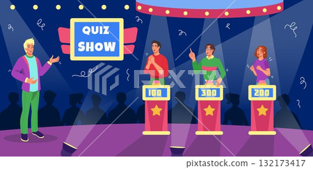 Quiz game. Show on television. Fun trivia game. Intellectual contest. Erudite player imagining answer. TV presenter and participants at stands. Educational competition. Vector cartoon tidy character Quiz game. Show on television. Fun trivia game. Intellectual contest. Erudite player imagining answer. TV presenter and participants at stands. Educational competition. Vector cartoon tidy character 132173417