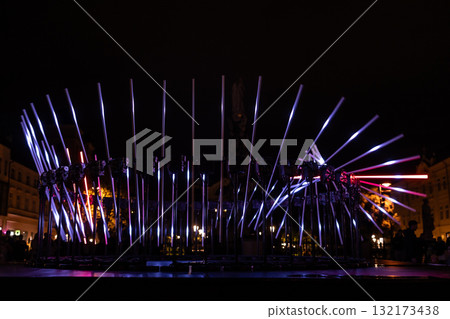 The fascinating night scene captures a modern light installation that dominates the space with a futuristic aesthetic and consists  132173438