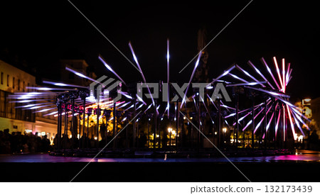 The fascinating night scene captures a modern light installation that dominates the space with a futuristic aesthetic and consists  132173439