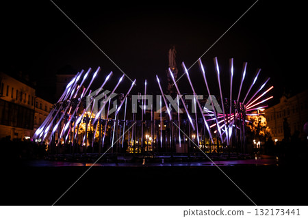 The fascinating night scene captures a modern light installation that dominates the space with a futuristic aesthetic and consists  132173441