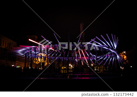 The fascinating night scene captures a modern light installation that dominates the space with a futuristic aesthetic and consists  132173442