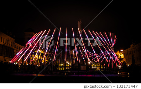 The fascinating night scene captures a modern light installation that dominates the space with a futuristic aesthetic and consists  132173447