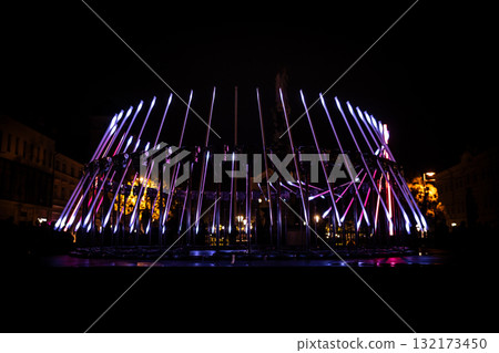 The fascinating night scene captures a modern light installation that dominates the space with a futuristic aesthetic and consists  132173450