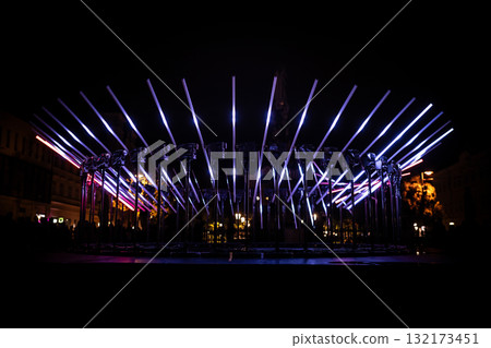 The fascinating night scene captures a modern light installation that dominates the space with a futuristic aesthetic and consists  132173451