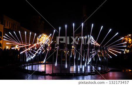 The fascinating night scene captures a modern light installation that dominates the space with a futuristic aesthetic and consists  132173457