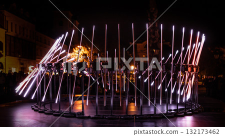 The fascinating night scene captures a modern light installation that dominates the space with a futuristic aesthetic and consists  132173462