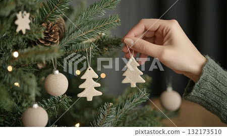 Hand decorating Christmas tree with handmade ornaments, close-up. Eco-friendly holiday decor, sustainable, zero waste concept. Hand decorating Christmas tree with handmade ornaments, close-up. Eco-friendly holiday decor, sustainable, zero waste concept. 132173510