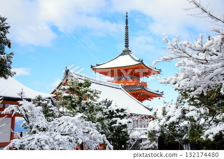 Snow-covered three-story pagoda at Kiyomizu-dera Temple 132174480